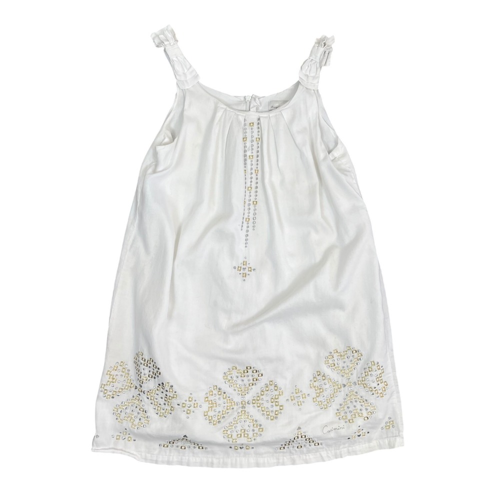 Catimini Girls White Cotton Embroidered Dress Size 10 Metallic Gold Silver Bows